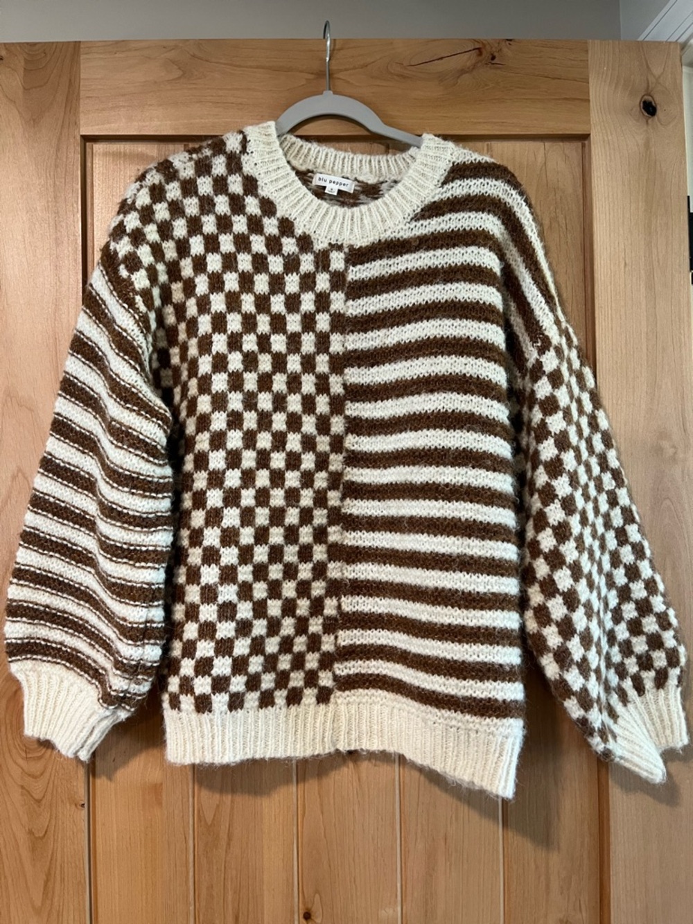 Blu Pepper Chunky Checker & Stripe Knit Sweater in Cream and Brown Size S